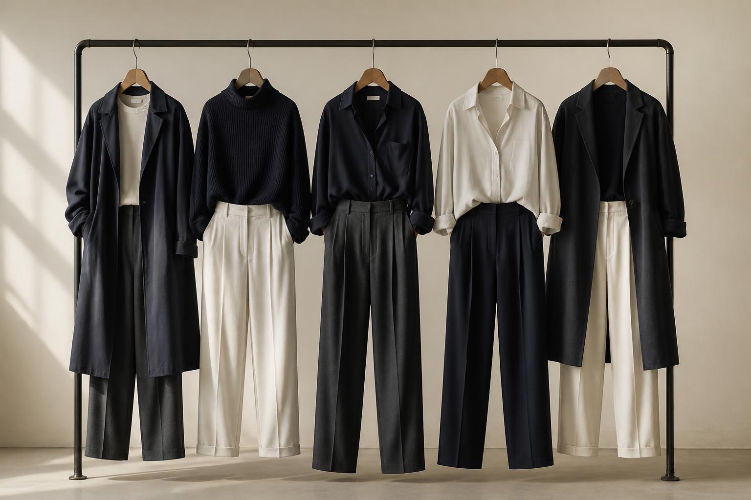 Five near-identical outfits in charcoal, navy and off-white hanging evenly spaced on a simple rail in a minimal studio