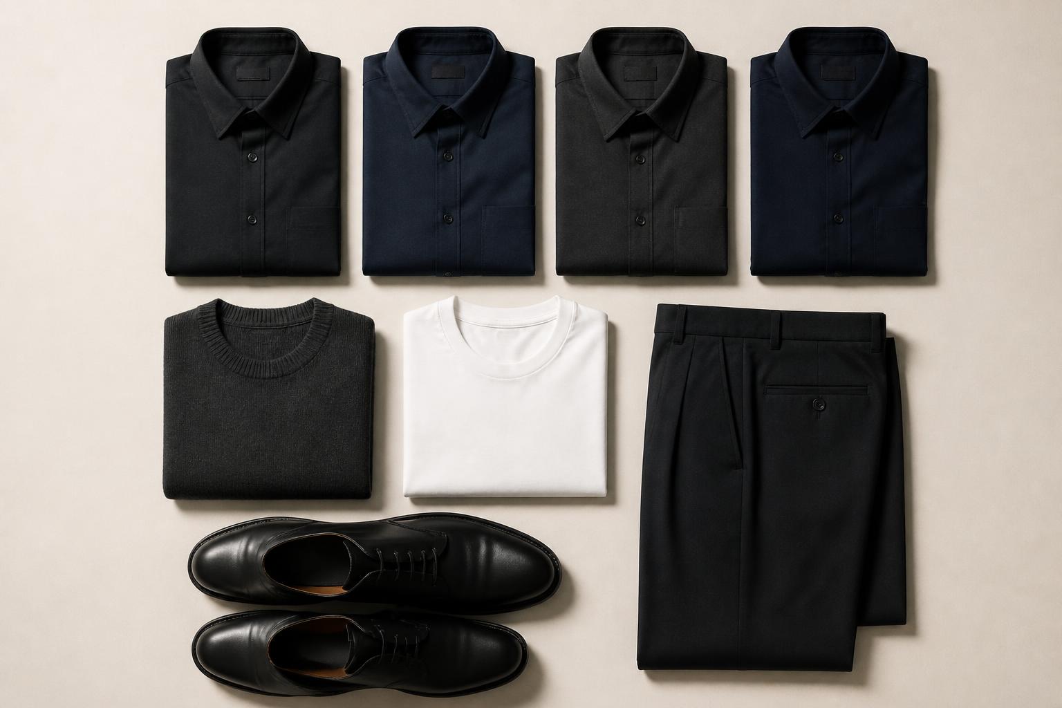 A fixed-palette men's capsule wardrobe laid out in repeating rows on an off-white backdrop