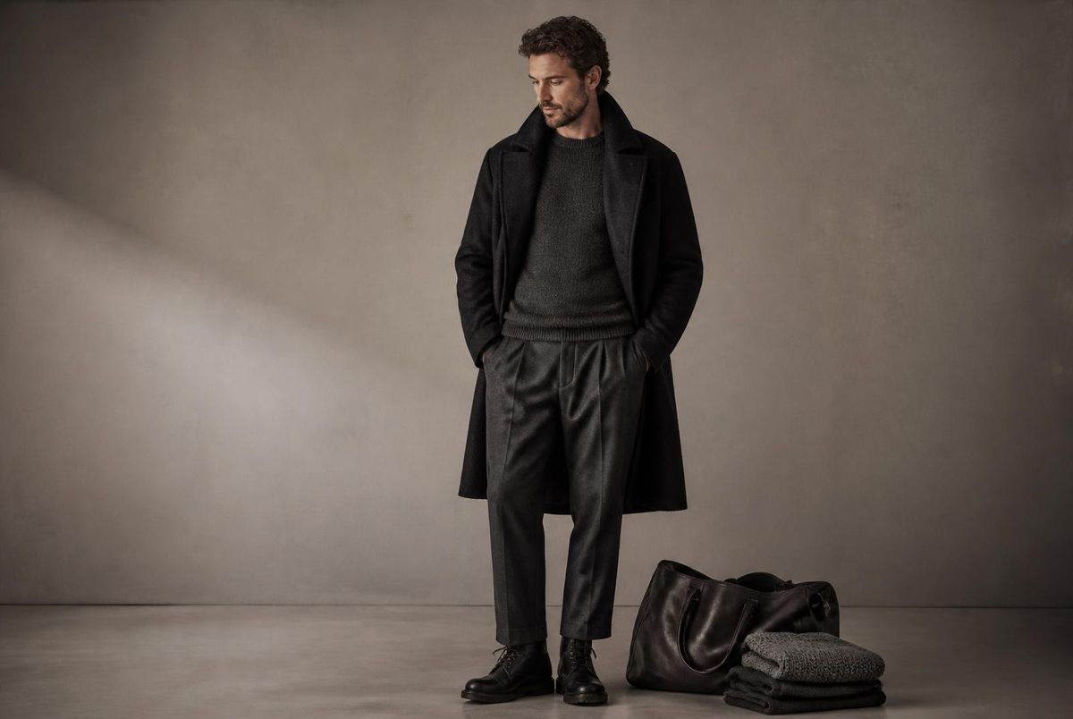 A man in a heavy dark wool overcoat and boots standing beside a leather bag and folded knitwear