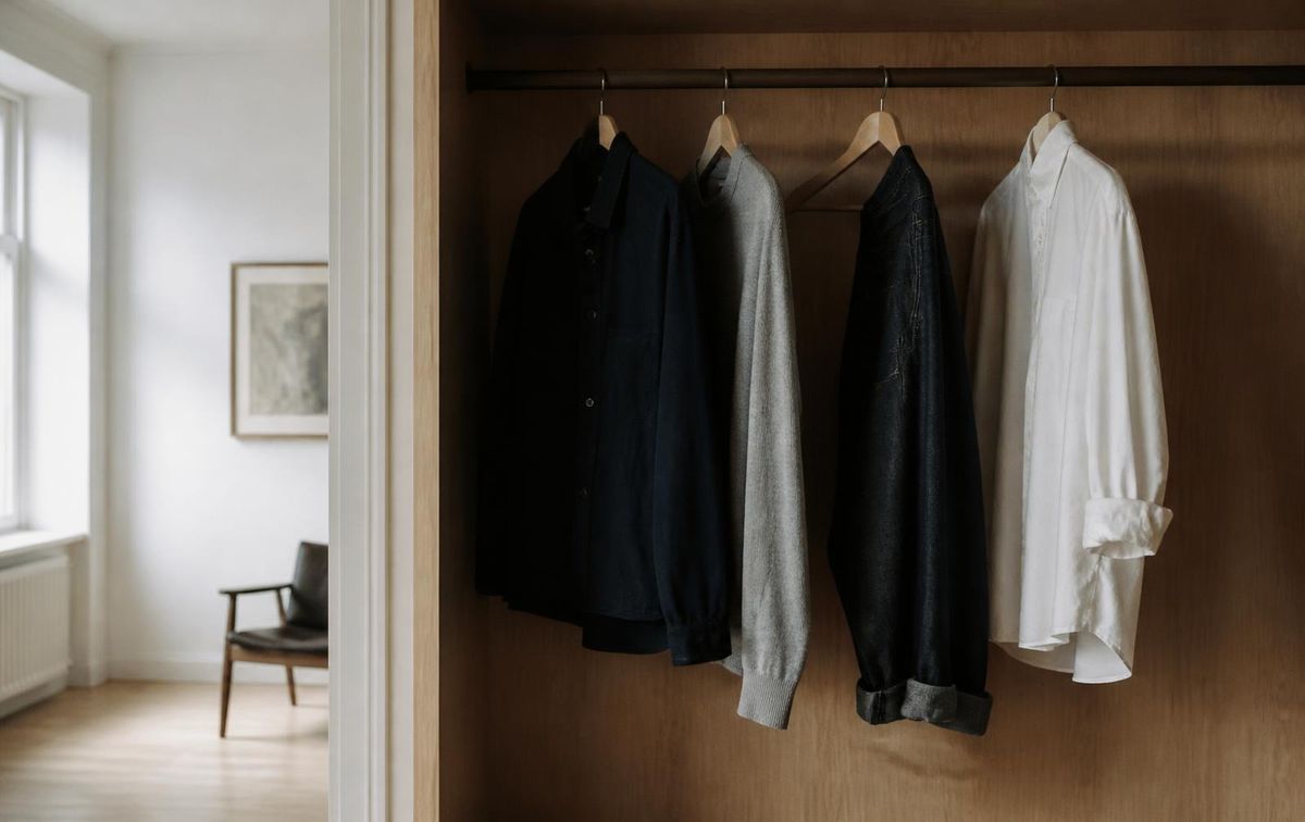 Men's clothing hanging on a wardrobe rail in a Berlin apartment before a wardrobe audit