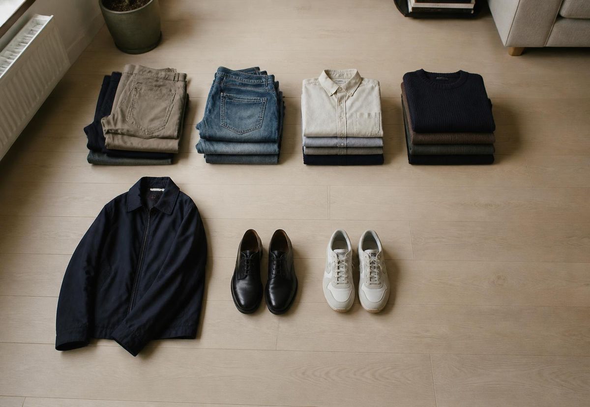 Men's clothes sorted into category piles on the floor during a wardrobe audit