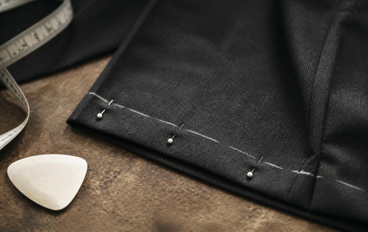 Tailor's chalk mark and pins on the hem of grey wool trousers during an alteration