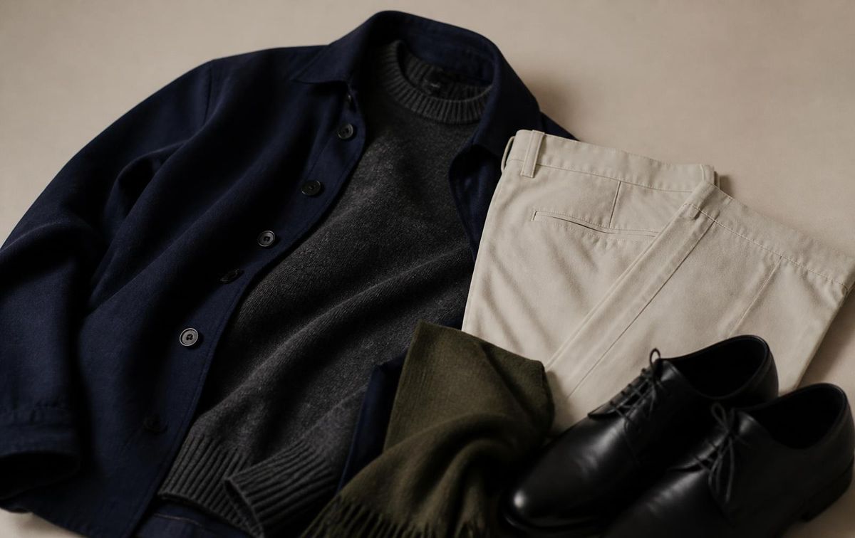 A man's wardrobe laid out in a restrained palette of navy, charcoal, off-white and olive with black leather derby shoes