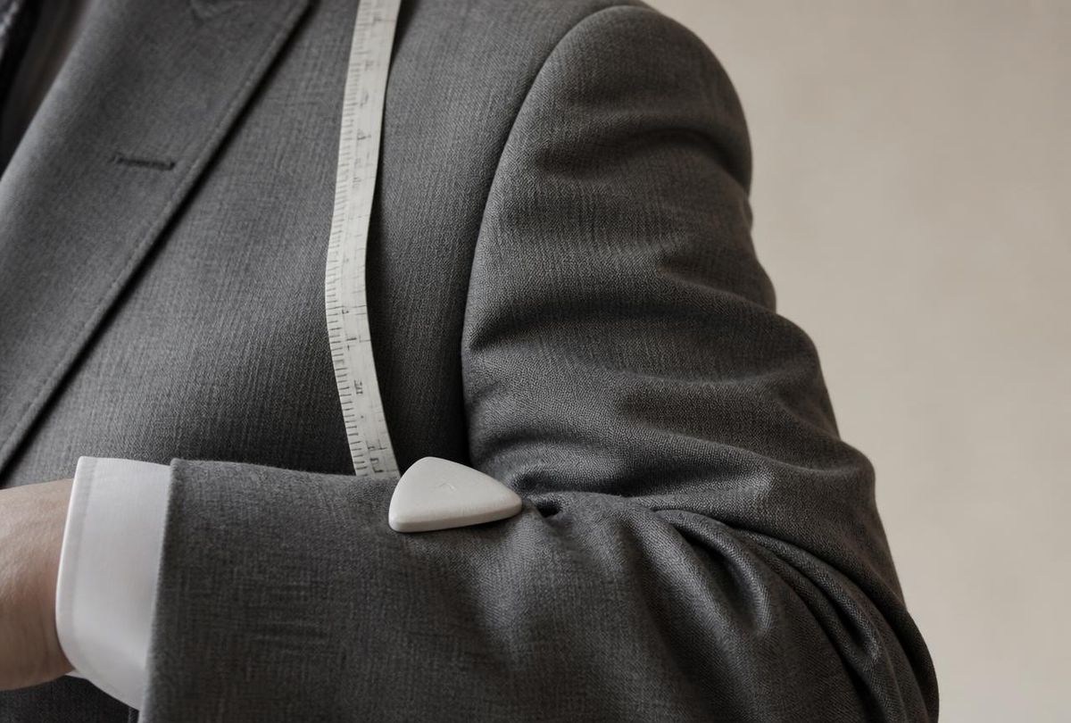 Close crop of a mid-grey wool suit sleeve and shoulder with a white shirt cuff showing, tailor's chalk and a measuring tape resting on the cloth